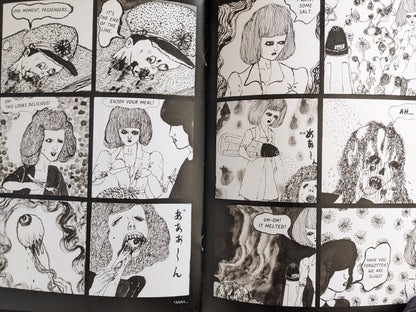 Interior page from 'Hospital Train' by Daisuke Ichiba showing grotesque transformation and absurd dialogue.