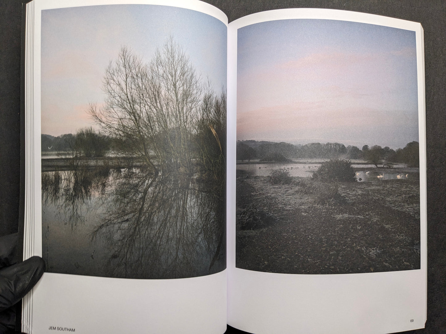 Interior spread (Jem Southam) with two quiet landscape photographs at dusk.