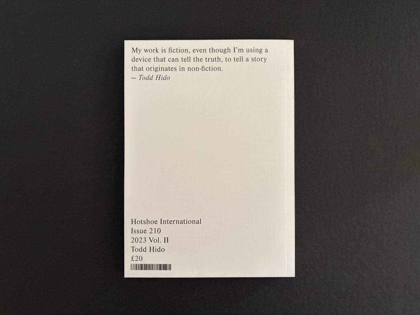 Hotshoe Issue 210: Todd Hido back cover with a printed quote and issue information