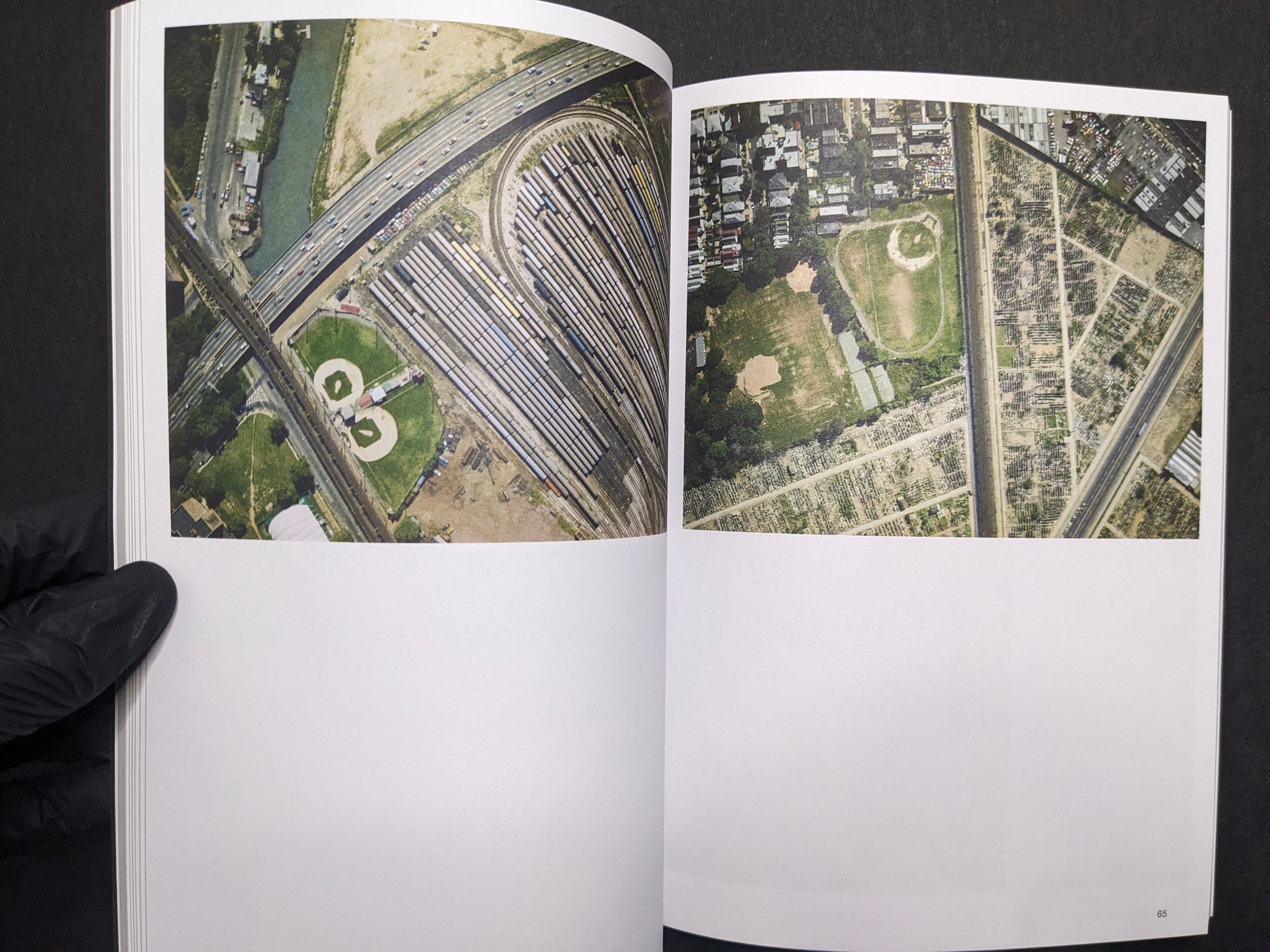 Inside spread from Hotshoe Issue 214 with Stephen Shore aerial color photographs of highways, rail yards, and baseball fields.
