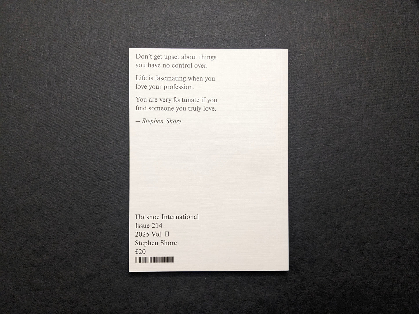 Back cover of Hotshoe International Issue 214: Stephen Shore with a printed quote, issue details, barcode, and price.