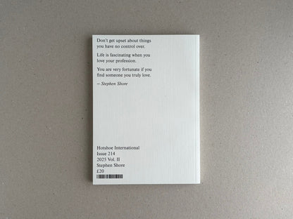 Back cover of Hotshoe Issue 214: Stephen Shore, with a Stephen Shore quotation and issue details