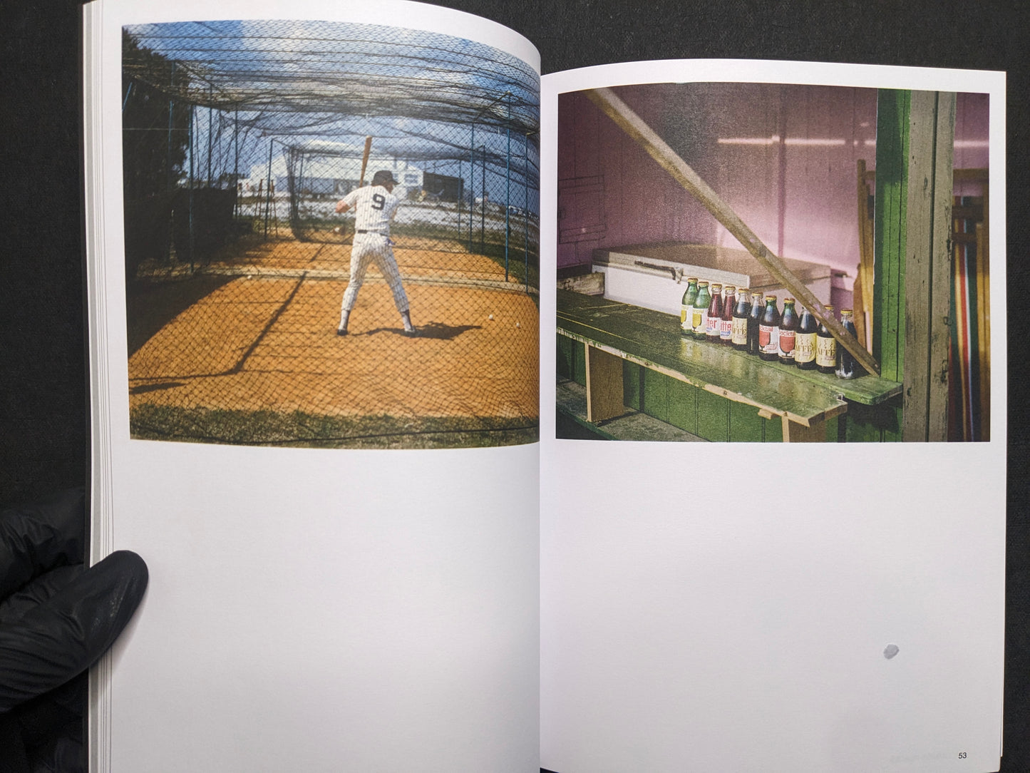 Inside spread from Hotshoe Issue 214 showing Stephen Shore color photographs of a baseball batting cage and bottles lined on a counter.