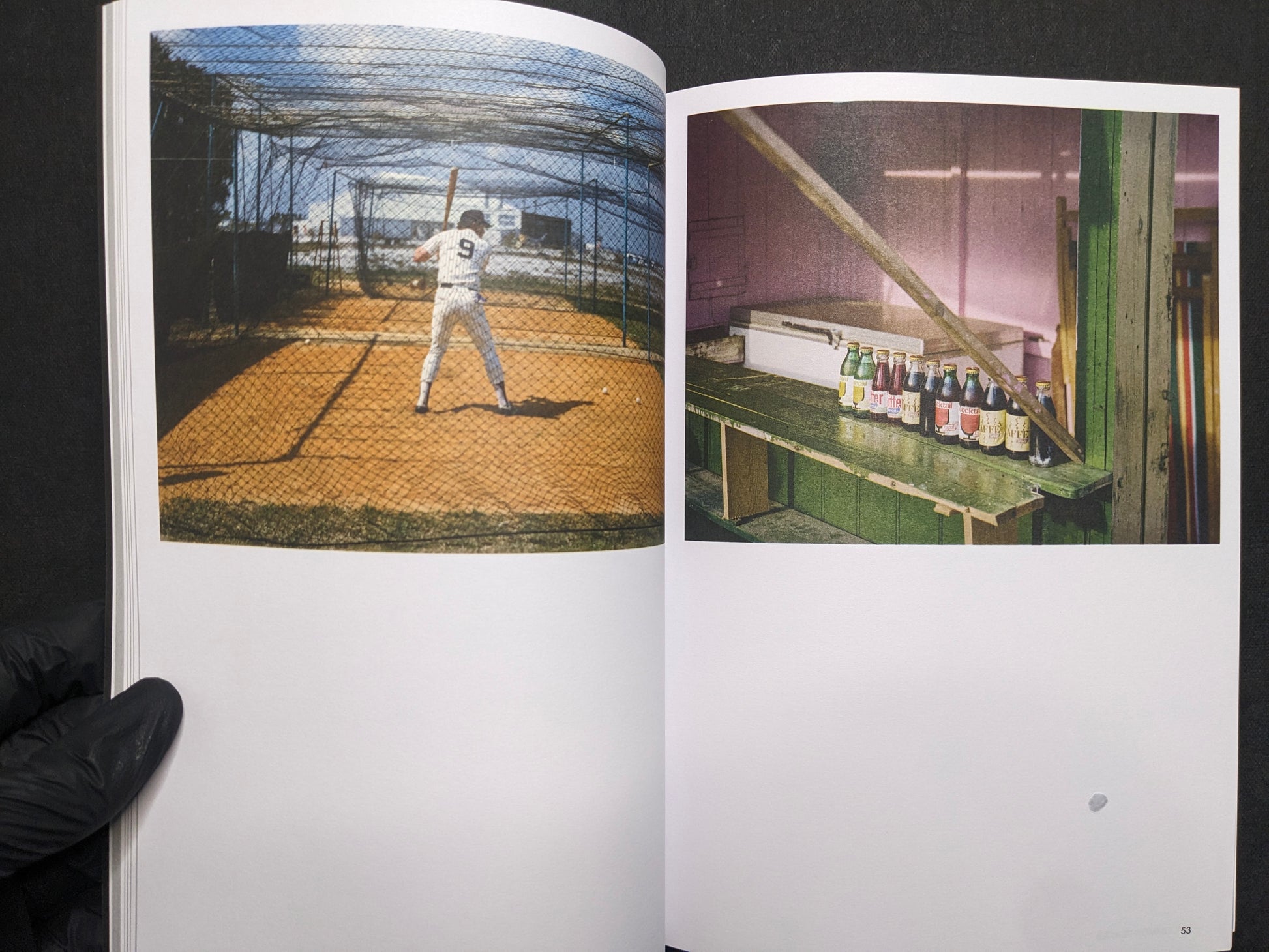 Inside spread from Hotshoe Issue 214 showing Stephen Shore color photographs of a baseball batting cage and bottles lined on a counter.