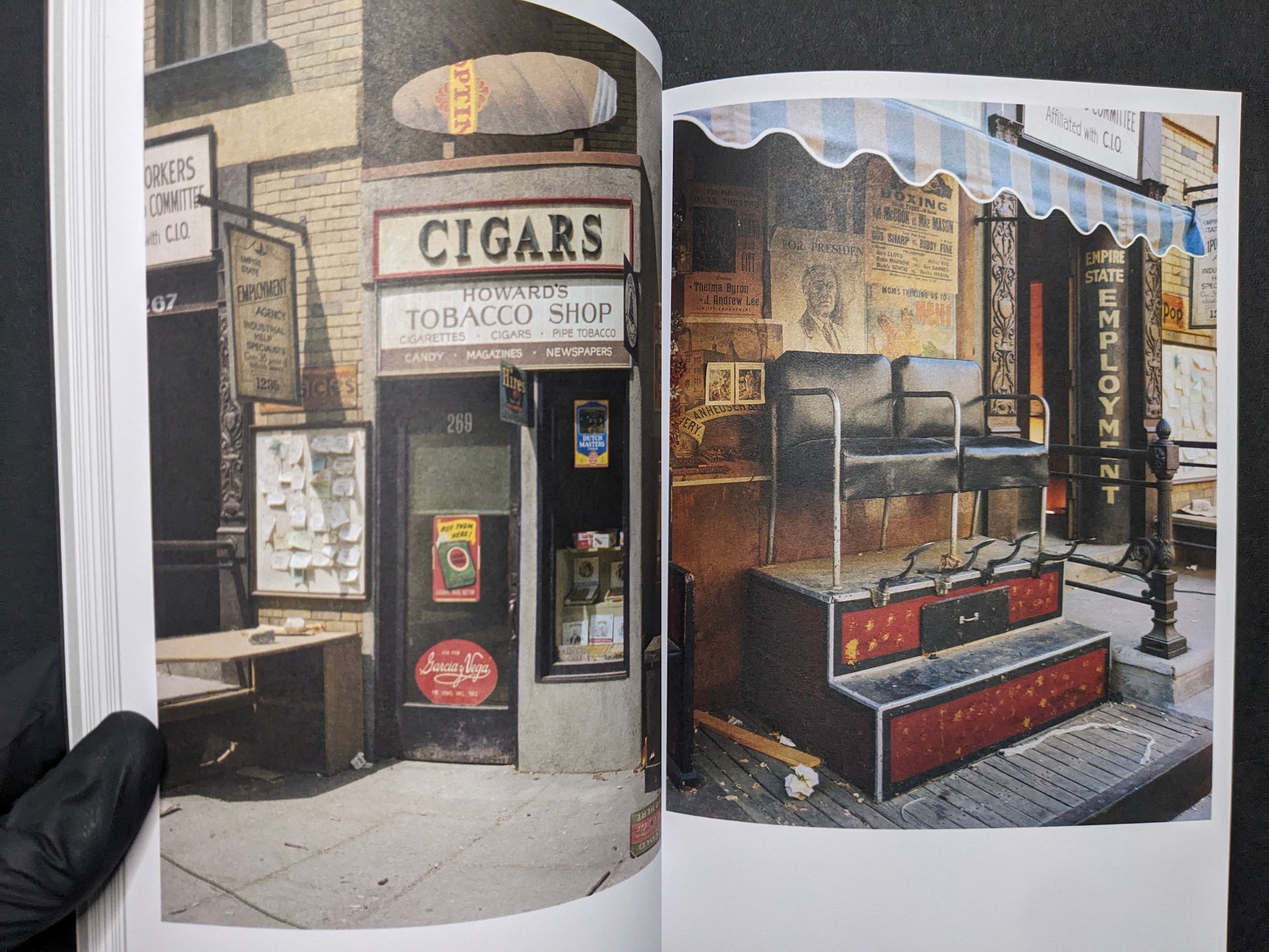 Inside spread from Hotshoe Issue 214 with Stephen Shore color photographs of a cigar shop storefront and an employment sign scene.