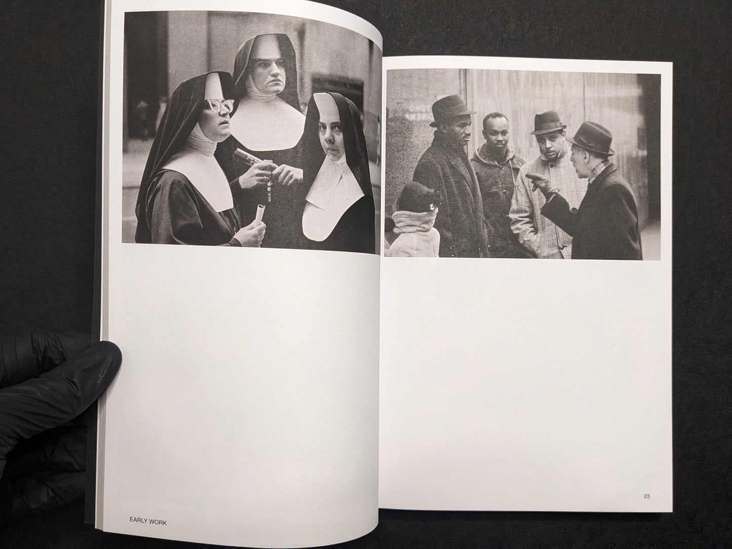 Inside spread from Hotshoe Issue 214 showing Stephen Shore’s early black-and-white photographs of nuns and a street conversation.