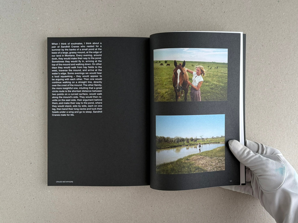 Open Hotshoe Issue 214: Stephen Shore showing a text page on the left and two colour photographs on the right, held open by a gloved hand.