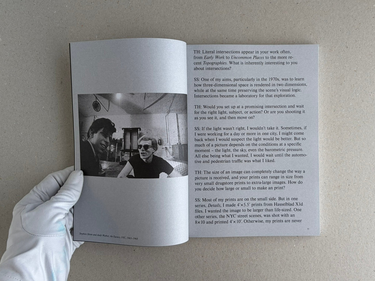 Open spread of Hotshoe Issue 214: Stephen Shore, showing a black-and-white photograph on the left page and an interview text page on the right.