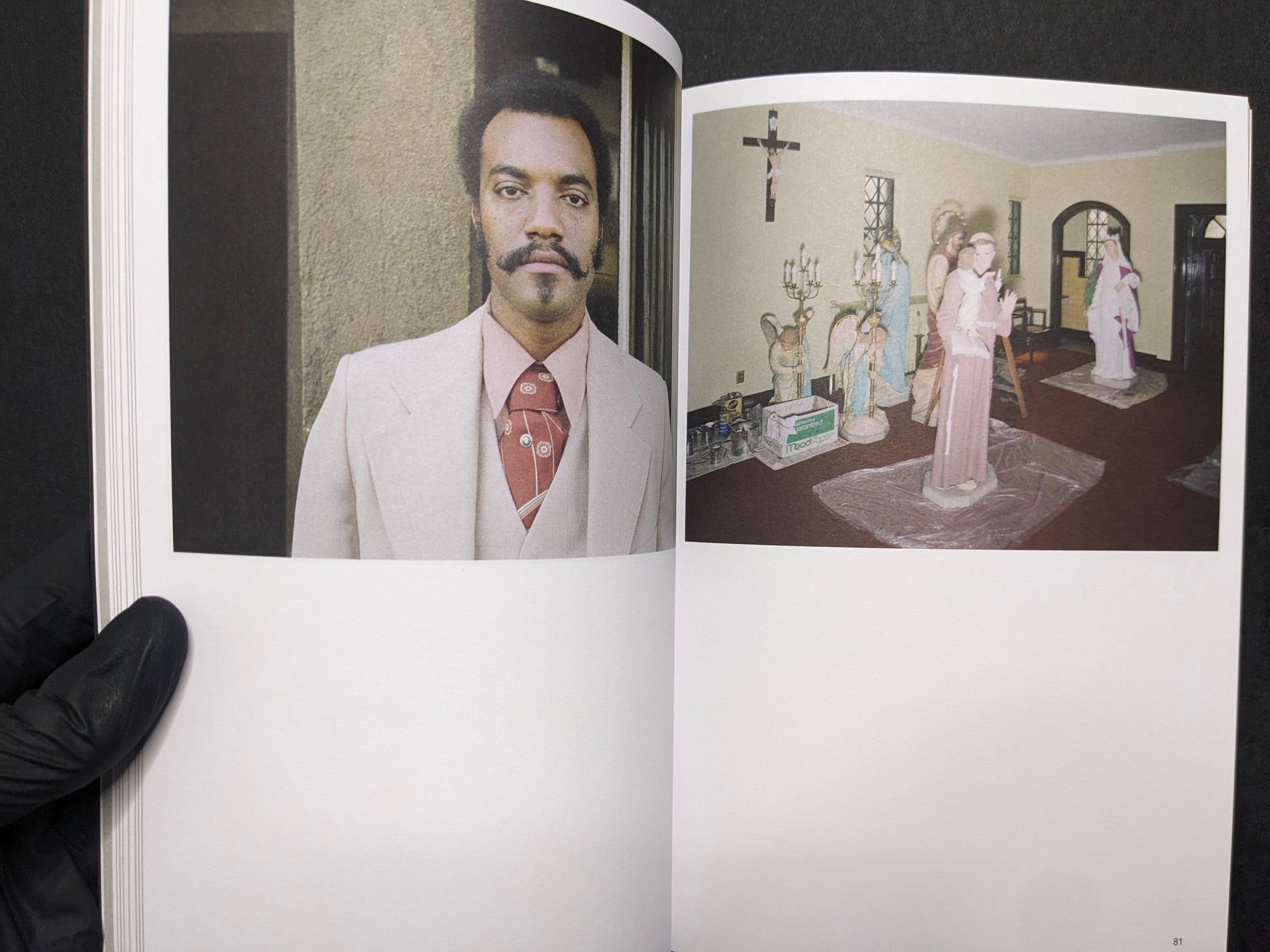 Inside spread from Hotshoe Issue 214 with a colour portrait and an interior scene of religious statues and a cross.