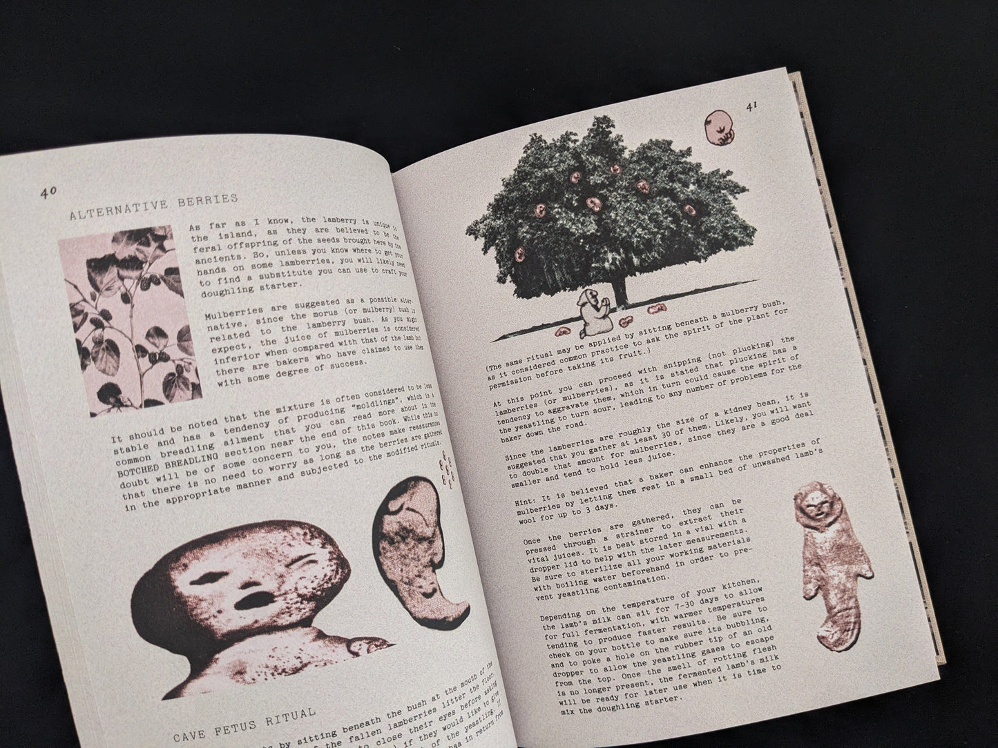Surreal illustration of berries and breadling figures