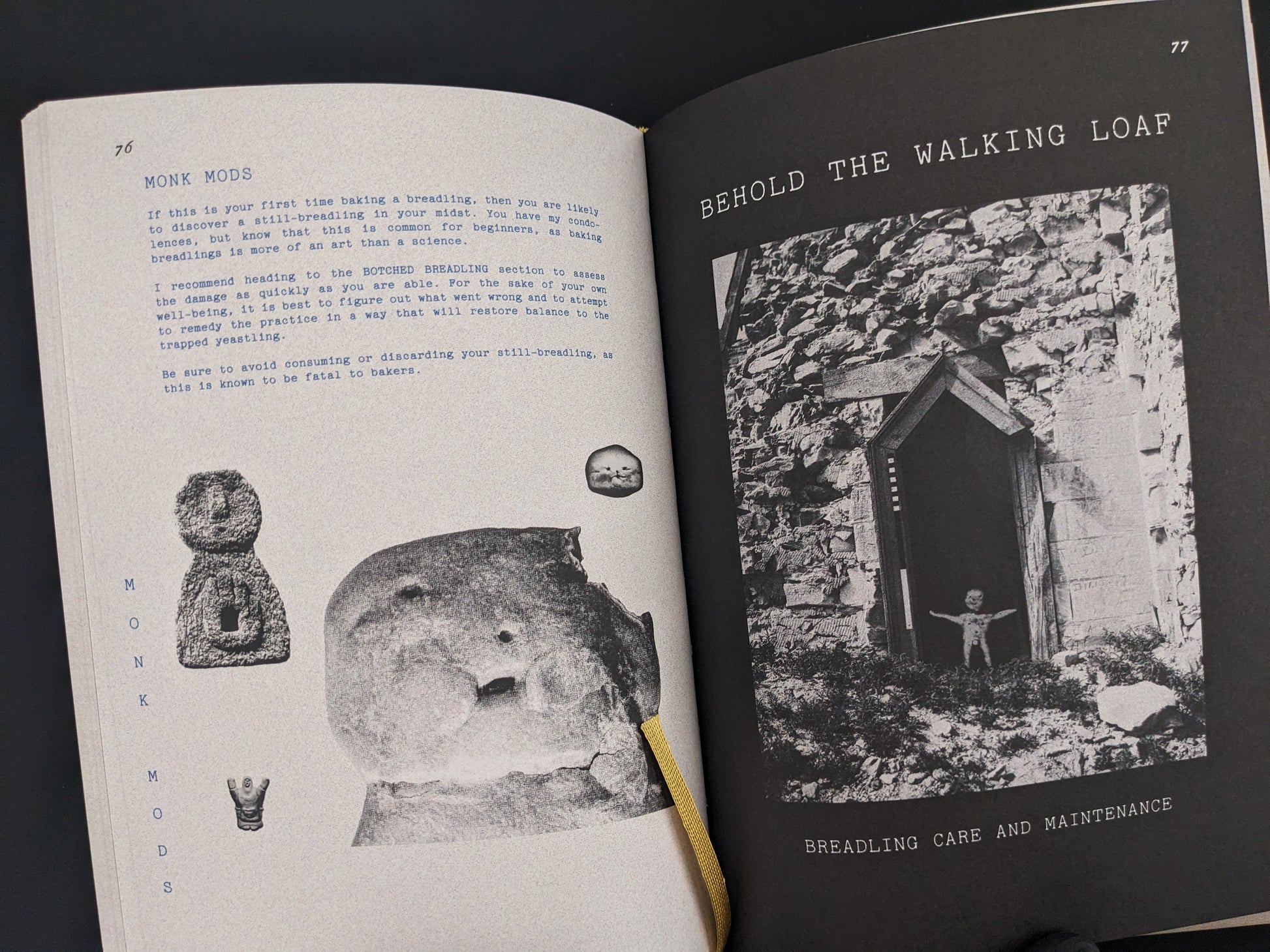 Spread showing breadling care and maintenance with surreal illustrations