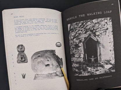 Spread showing breadling care and maintenance with surreal illustrations