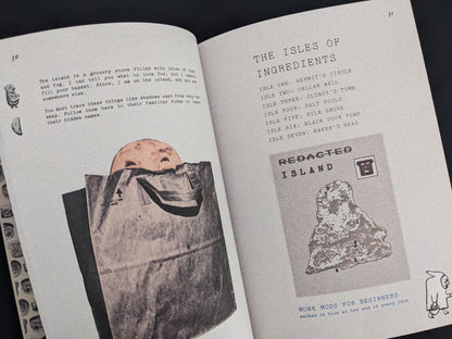 Illustrated pages with surreal maps and ingredient list – How to Bake a Breadling
