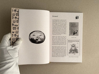 Open spread of How to Bake a Breadling by Brad Hock, showing a gloved hand holding the book, a left page with a circular black-and-white image, and a right page headed "Forward" with small inset images and text.