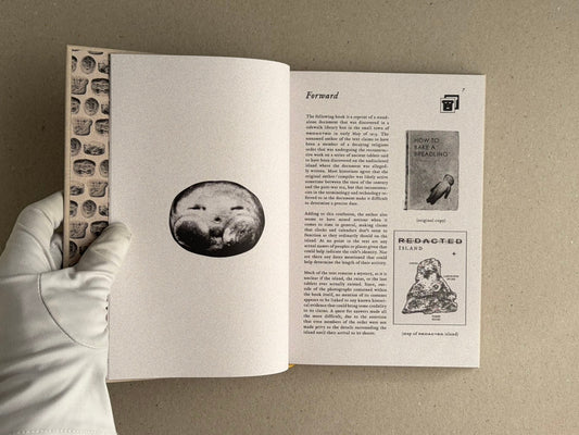 Open spread of How to Bake a Breadling by Brad Hock, showing a gloved hand holding the book, a left page with a circular black-and-white image, and a right page headed "Forward" with small inset images and text.