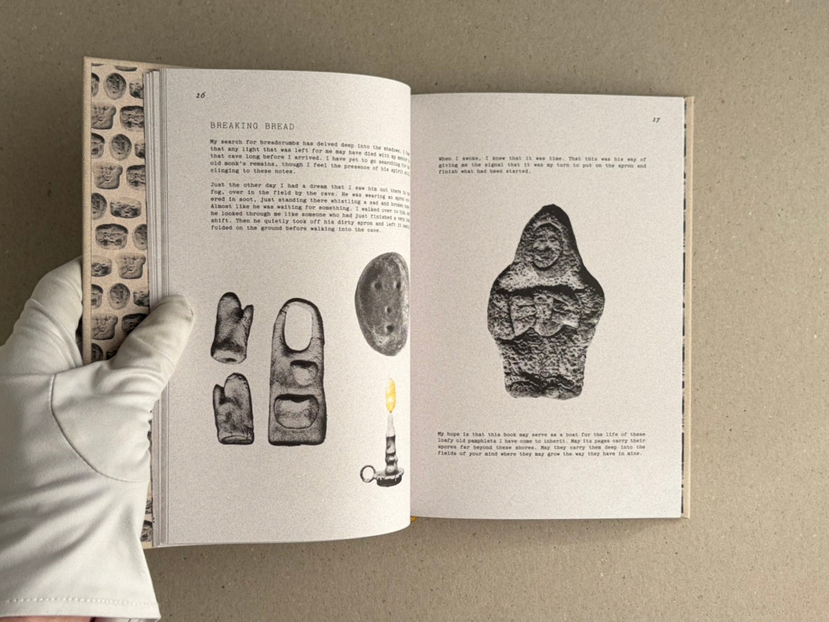 Open spread of How to Bake a Breadling by Brad Hock, showing pages 26–27 with text and bread-shaped illustrations, held open by a gloved hand.