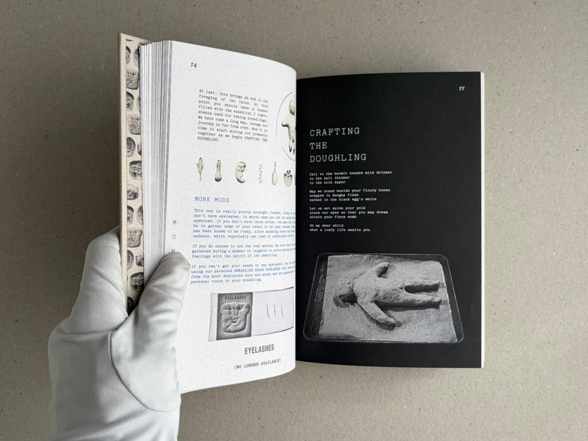 Open spread of How to Bake a Breadling by Brad Hock, showing page 54 and a black page titled "Crafting the Doughling".
