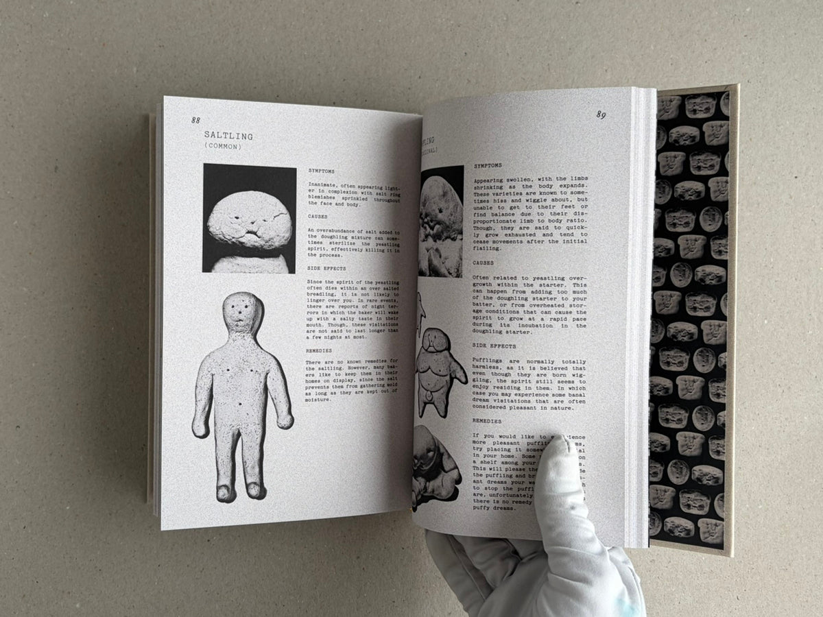 Open spread from How to Bake a Breadling by Brad Hock, showing pages 88 and 89 with black-and-white illustrations and dense text, held open by a gloved hand.