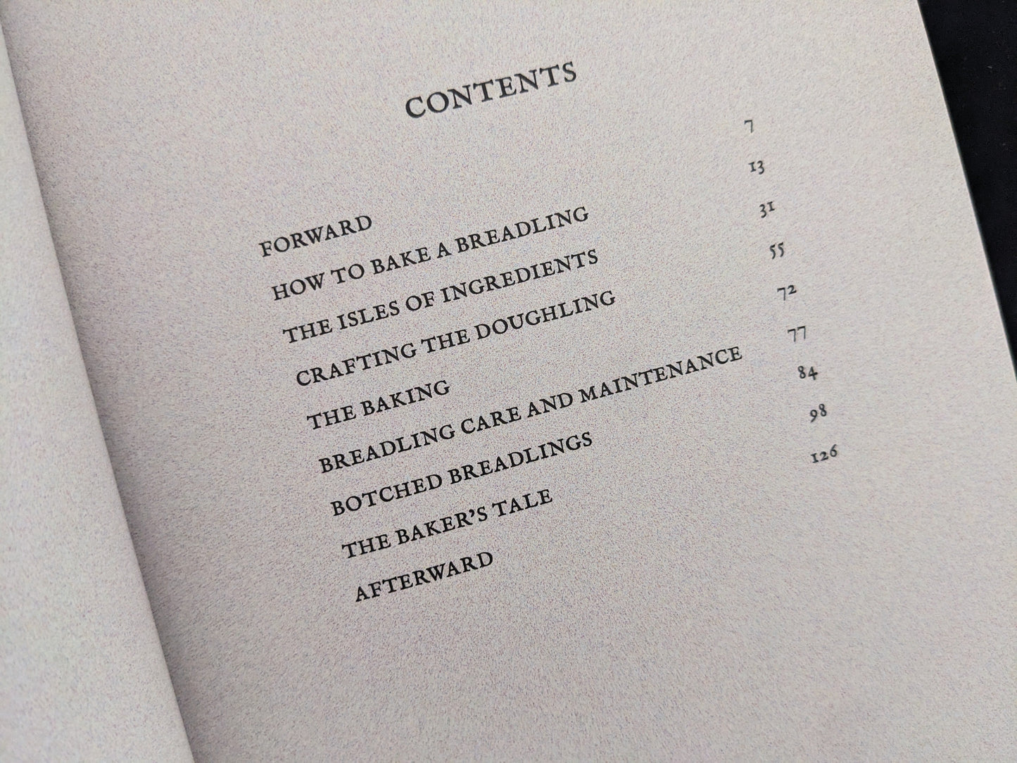 Table of contents showing chapters of How to Bake a Breadling by Brad Hock