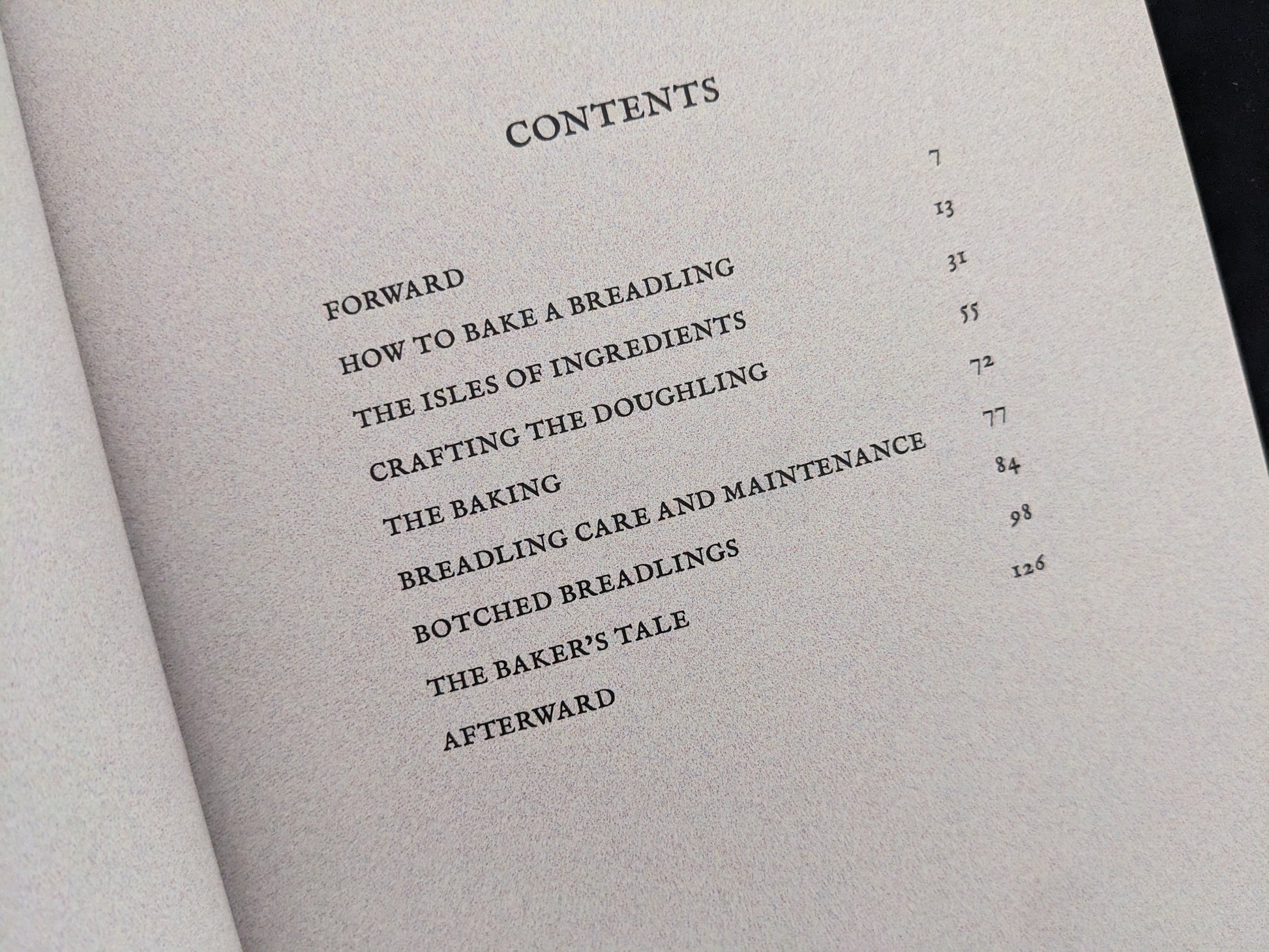 Table of contents showing chapters of How to Bake a Breadling by Brad Hock
