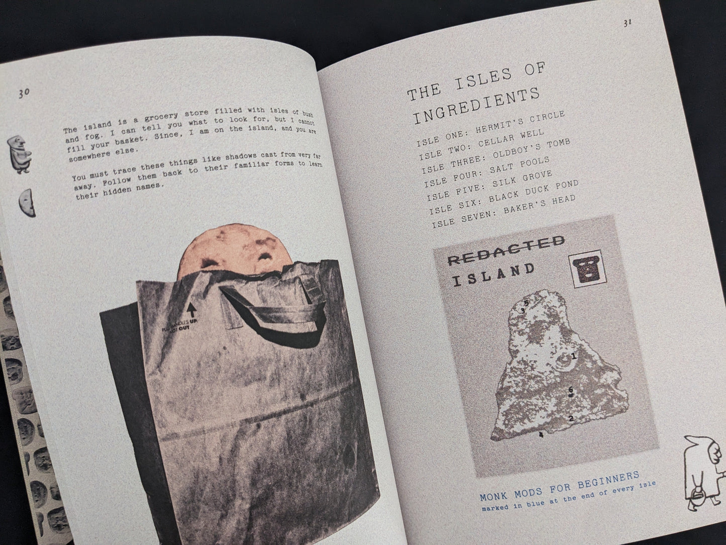 Illustrated spread with surreal maps and an ingredient list