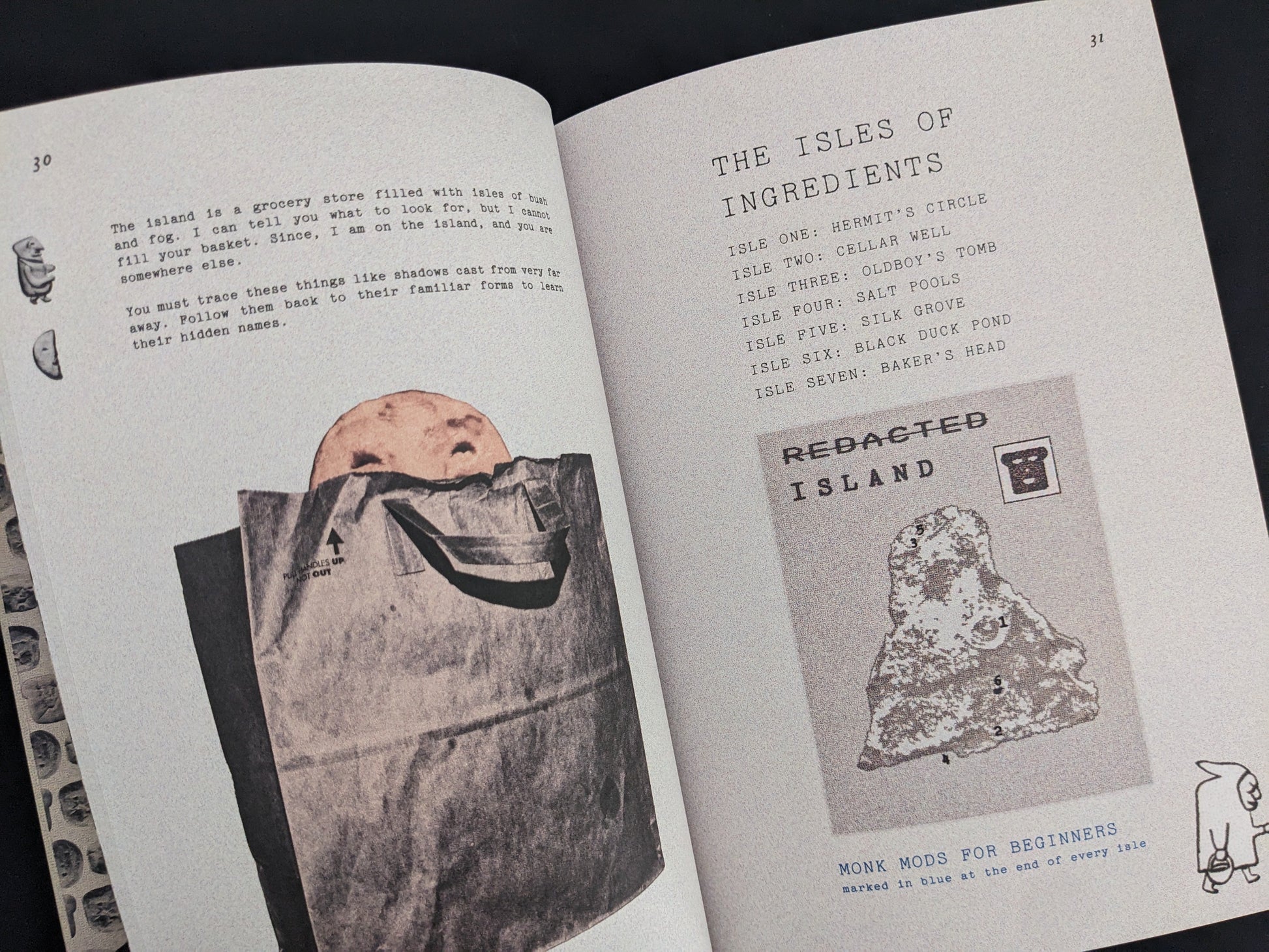 Illustrated spread with surreal maps and an ingredient list