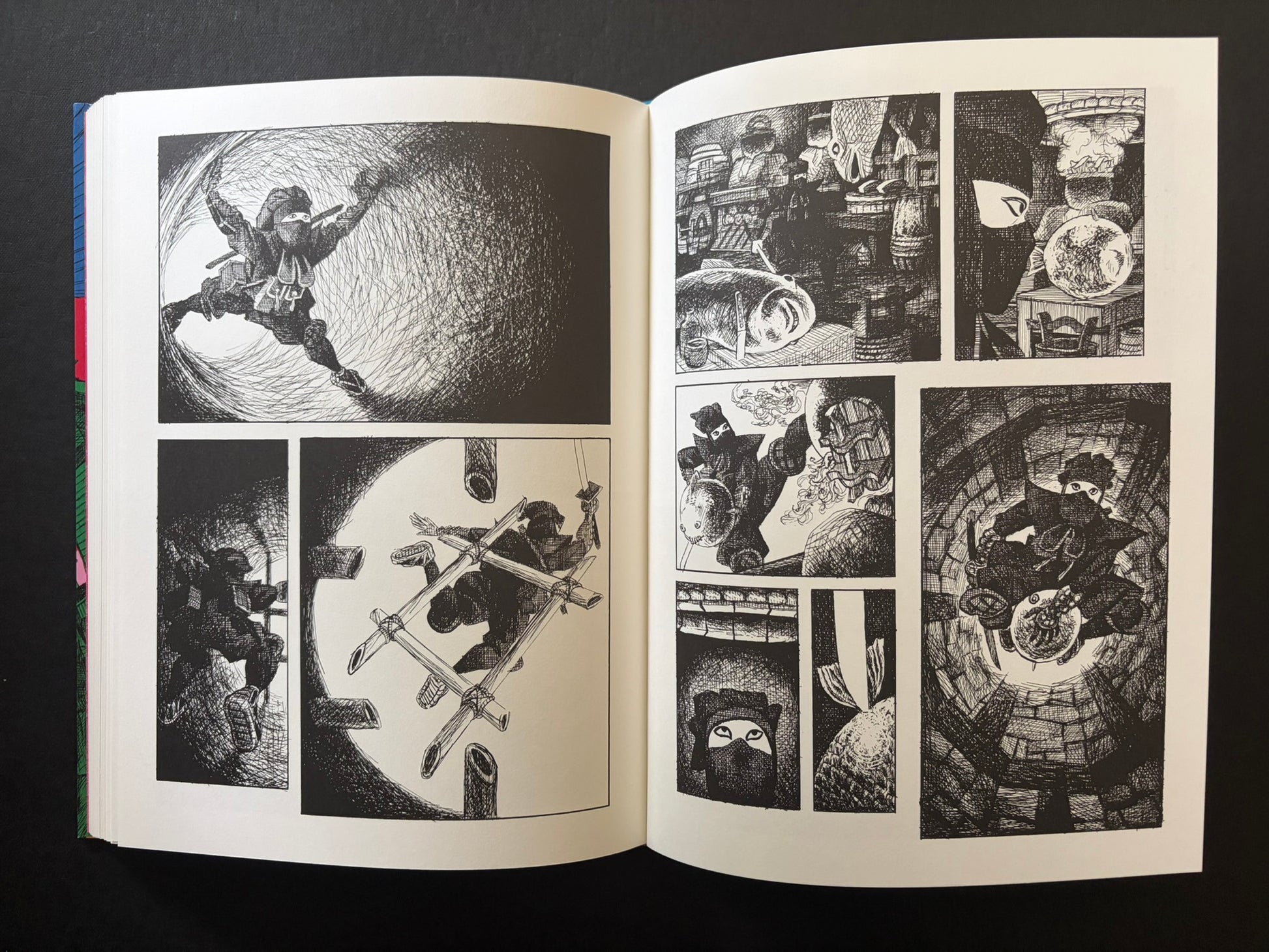 Open GariGari spread with a ninja leaping through a circular burst on the left and masked figures in interior scenes on the right.