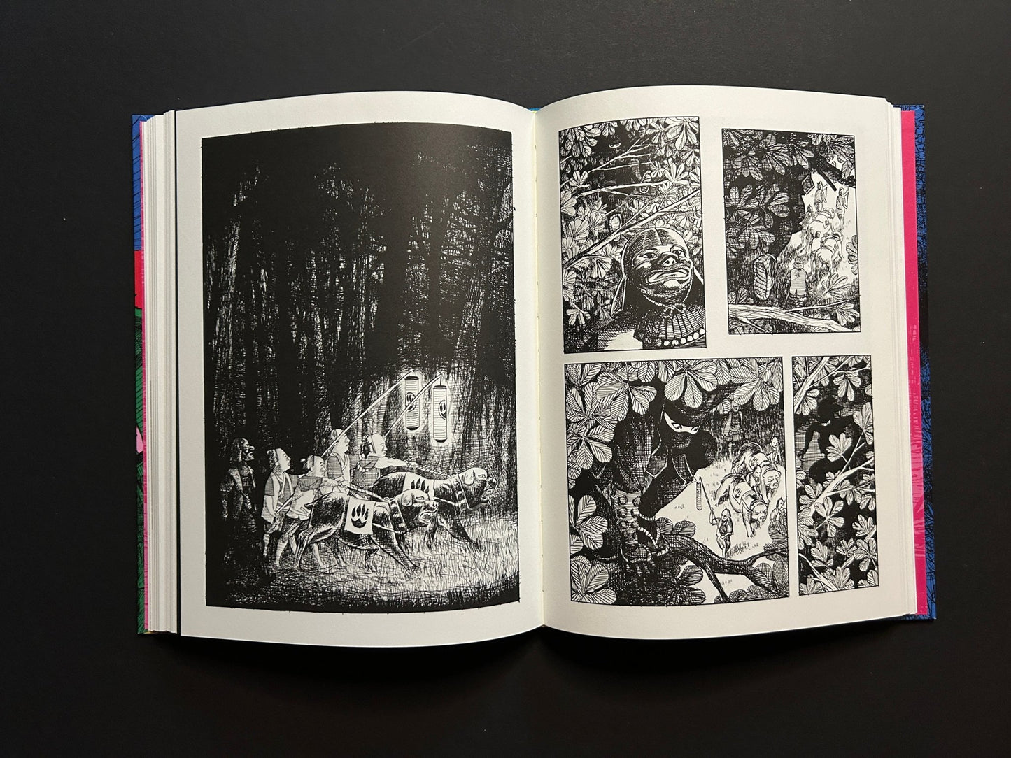 Open GariGari spread with a dark forest scene on the left and dense foliage panels on the right.