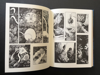 Open GariGari spread with a large face framed by plants and smaller panels of hands, objects, and figures.