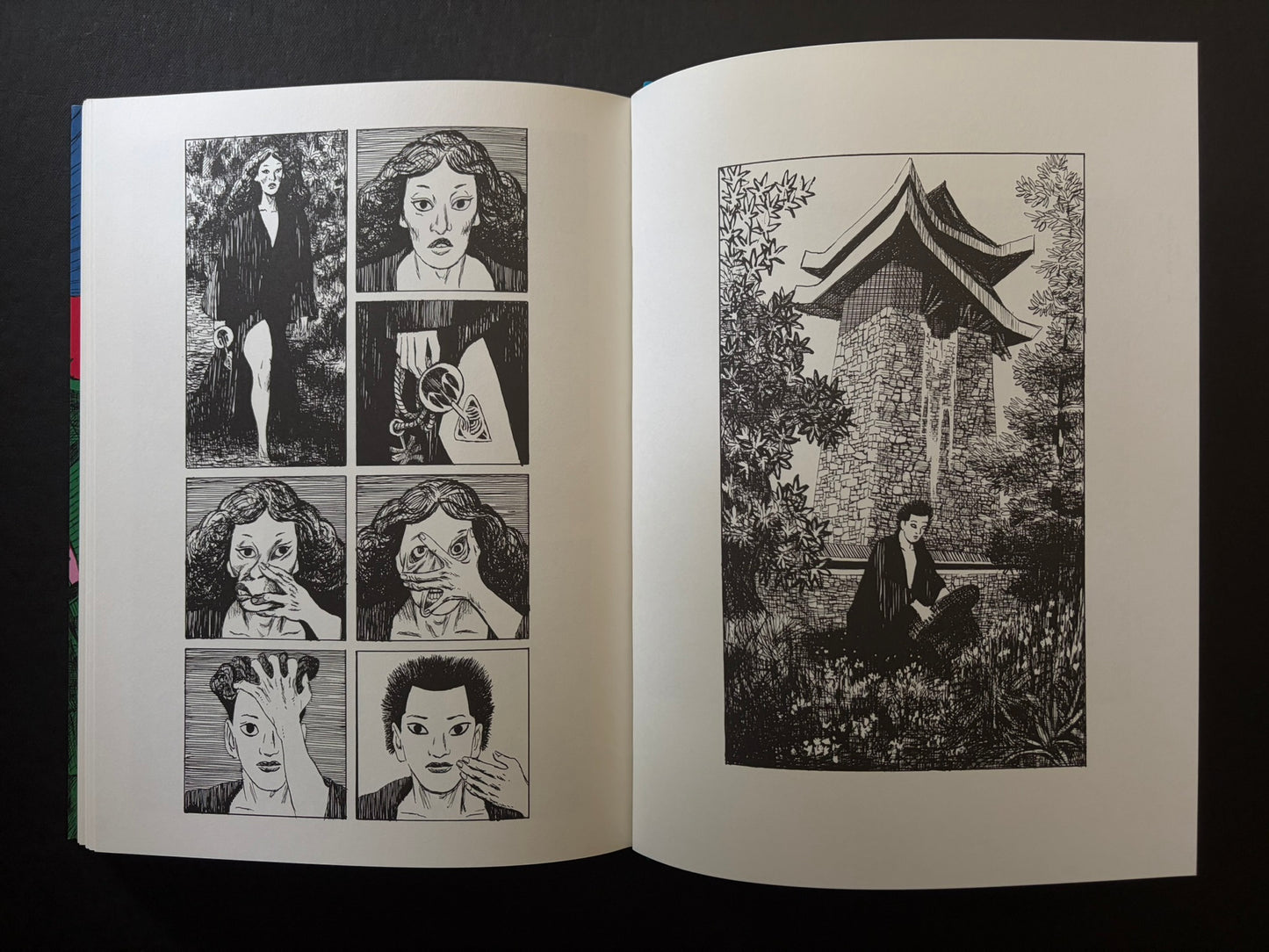 Open GariGari spread with portrait panels on the left and a tall temple tower with a seated figure on the right.