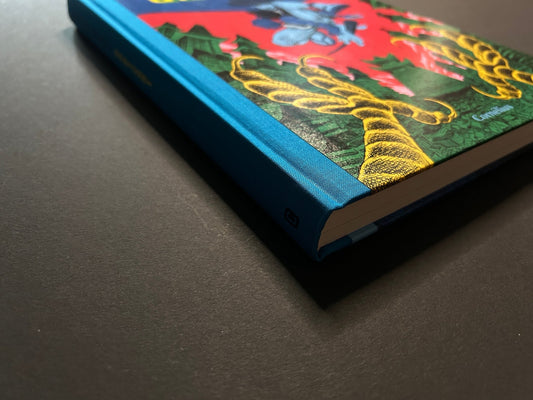 GariGari shown at an angle, focusing on the blue cloth spine and the edge of the illustrated cover.