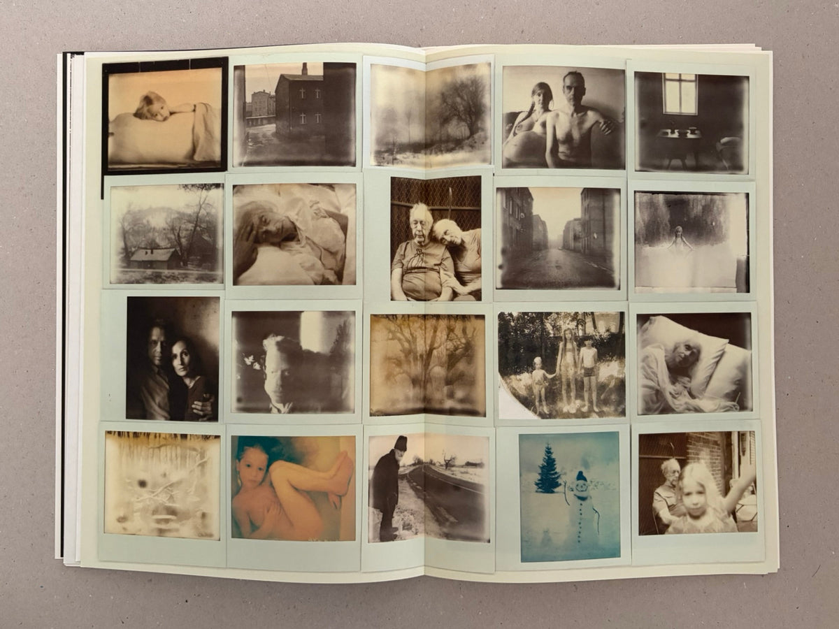 Open spread from Hunger: Epilogue by Michael Ackerman, showing a grid of small sepia-toned and black-and-white photographs.