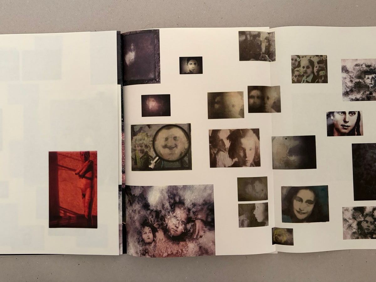Open spread from Hunger: Epilogue (2nd Ed.) by Michael Ackerman, showing small, layered photographic images across white pages.