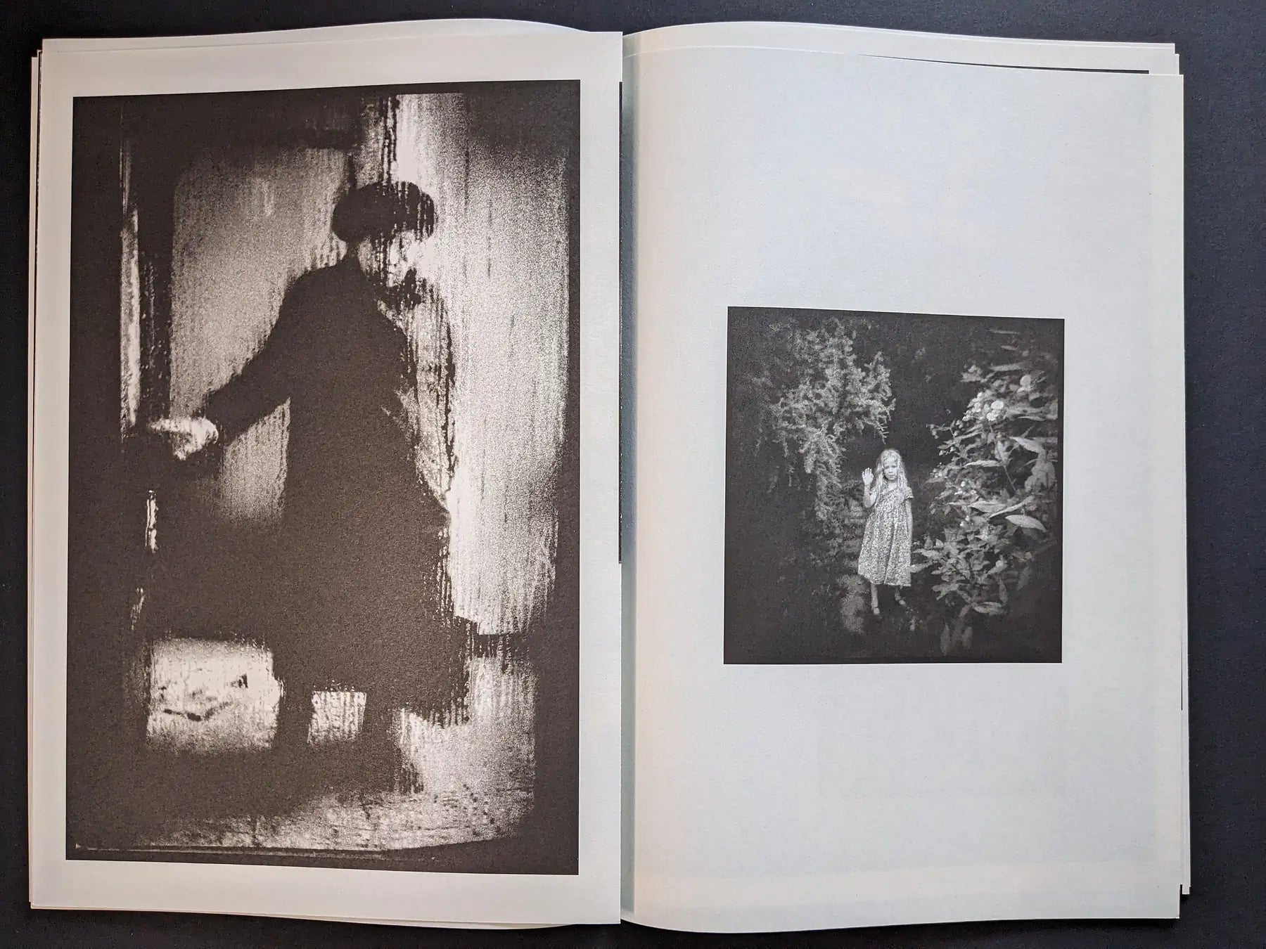 Interior spread from Hunger: Epilogue with a blurred woman by a doorway and a girl waving in dense garden foliage.