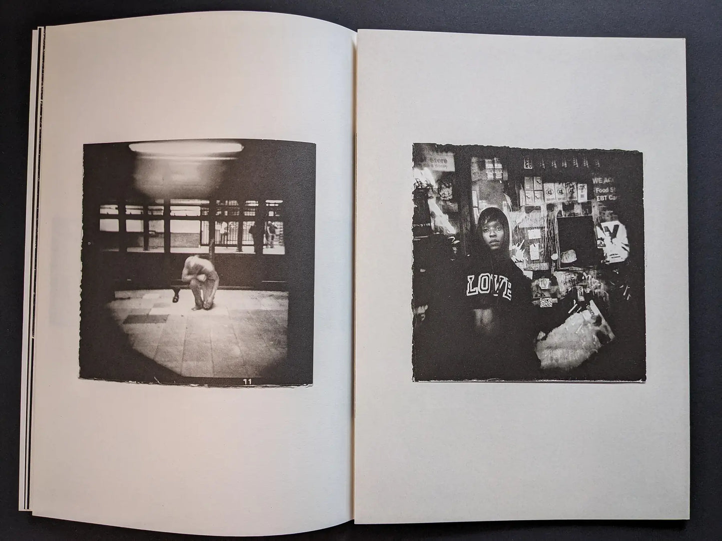 Interior spread from Hunger: Epilogue pairing a crouching figure in a subway-like space with a portrait of a person in a LOVE hoodie outside a shop.