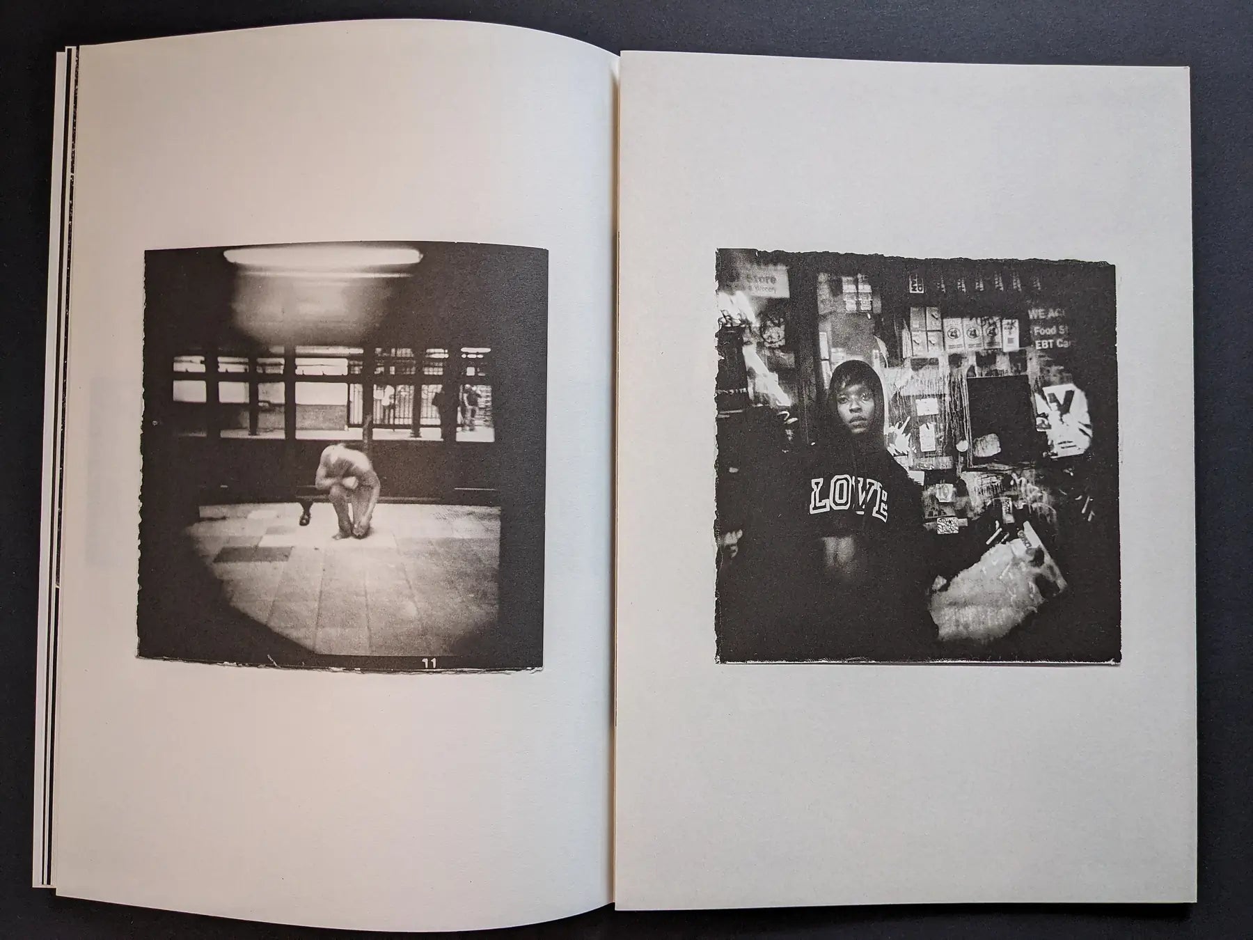 Interior spread from Hunger: Epilogue pairing a crouching figure in a subway-like space with a portrait of a person in a LOVE hoodie outside a shop.