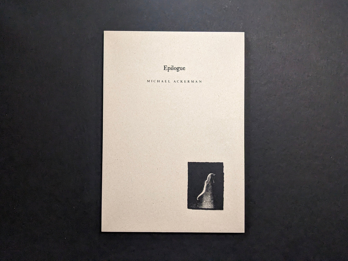 Hunger – Epilogue photobook cover by Michael Ackerman, grey cardboard with black title and a small black-and-white image of a ghostly figure.