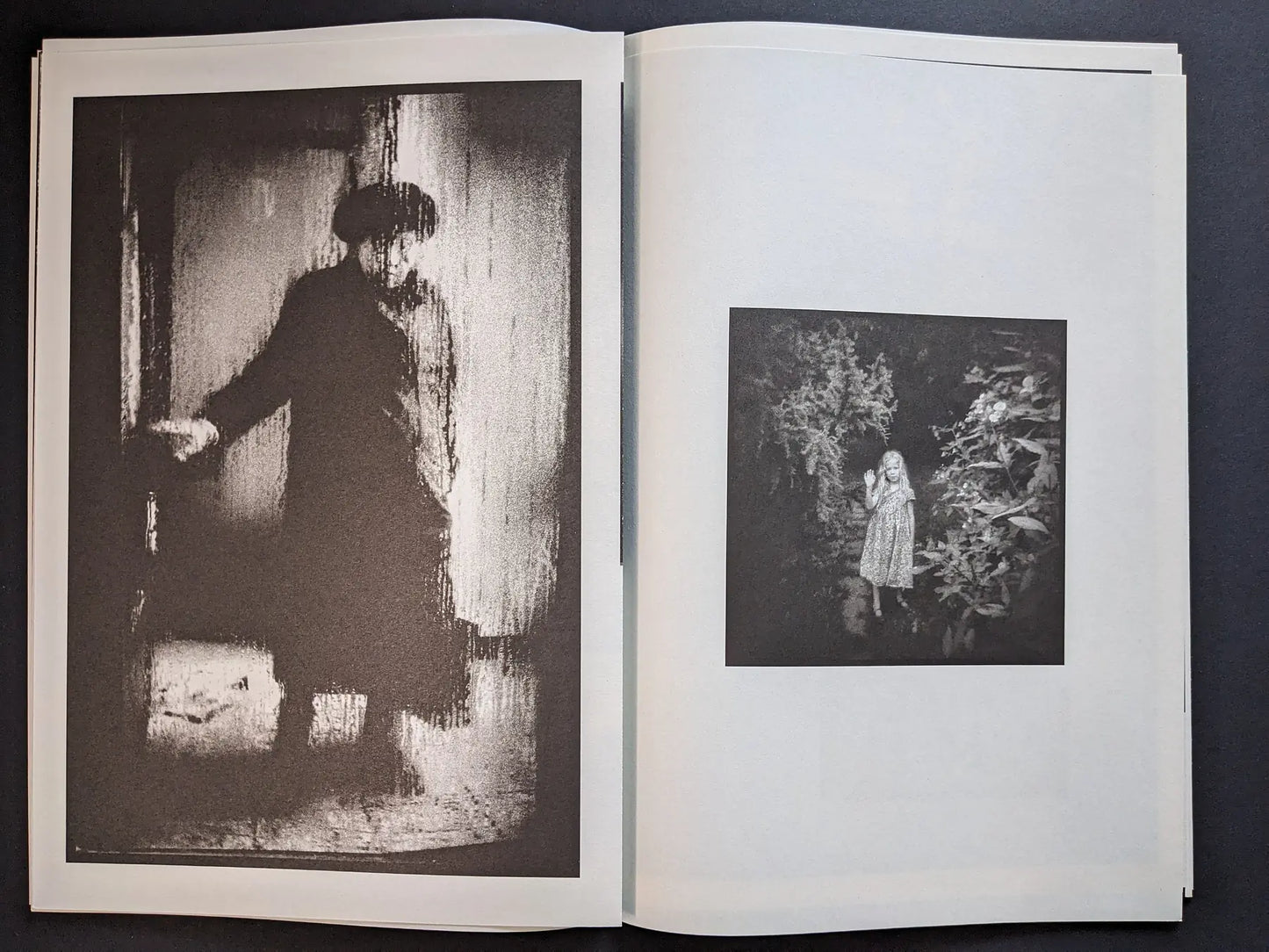 Interior spread from Hunger – Epilogue with a blurred standing woman by a doorway on the left and a girl waving in dense garden foliage on the right.