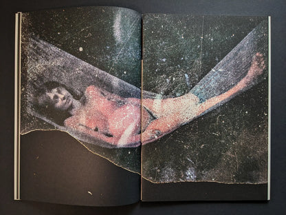 Interior spread from Hunger – Epilogue with a distressed color photograph of a woman lying in a hammock-like shape against a dark starry background.