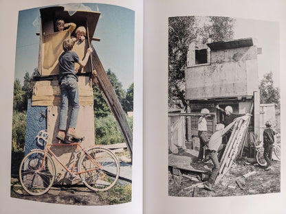 Color and monochrome photos of children interacting with playful constructions – from Huts, Temples, Castles
