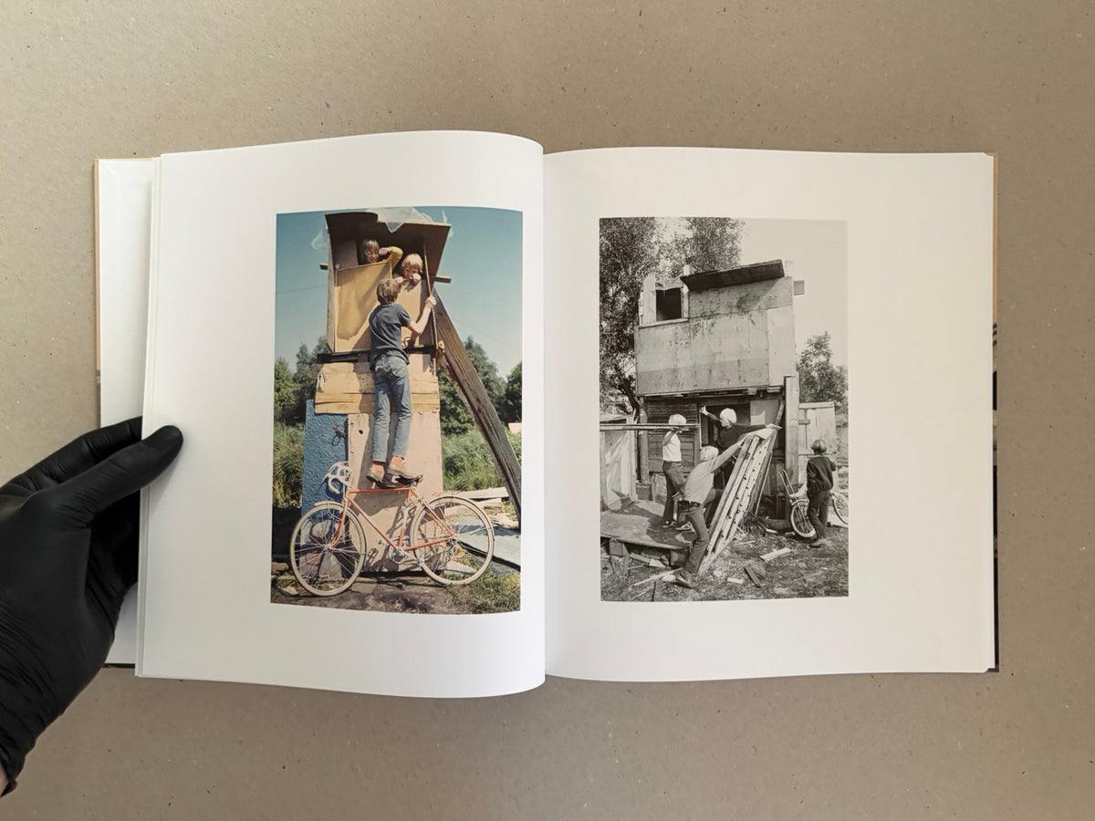 Open spread of Huts, Temples, Castles by Ursula Schulz-Dornburg, showing a colour photograph on the left page and a black-and-white photograph on the right page.