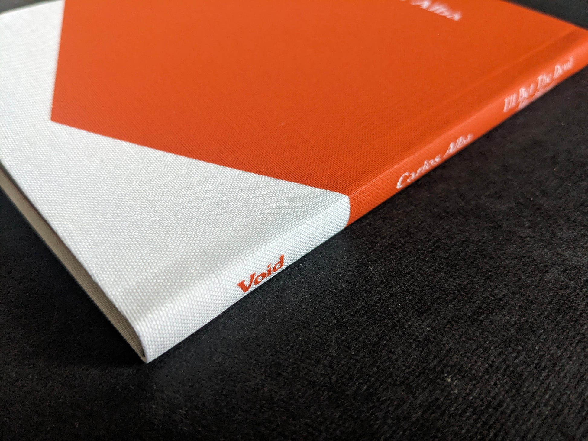 Spine and corner detail of I’ll Bet The Devil My Head by Carlos Alba, clothbound edition from Void.