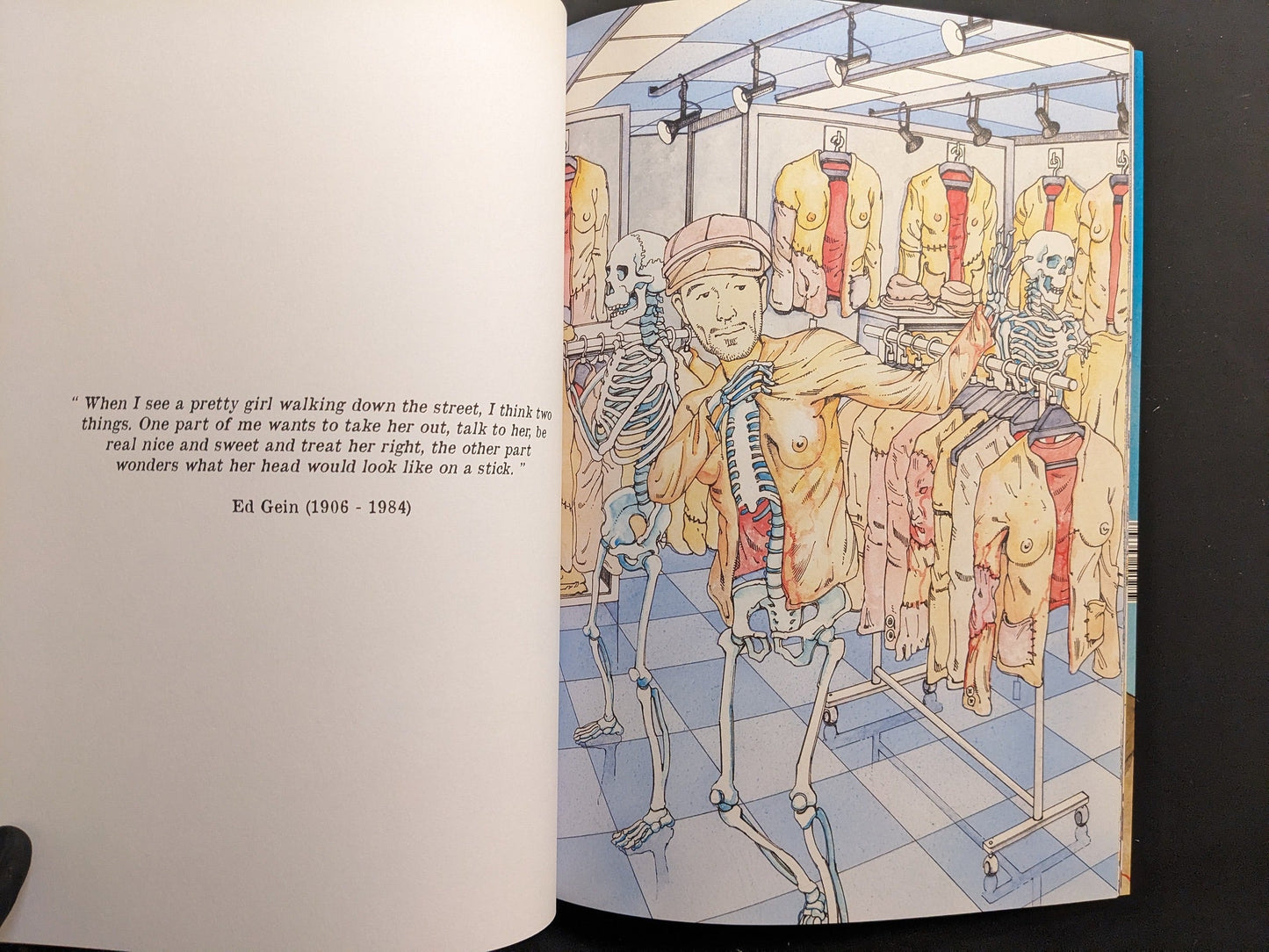 Interior spread with an Ed Gein quote and a macabre boutique scene.