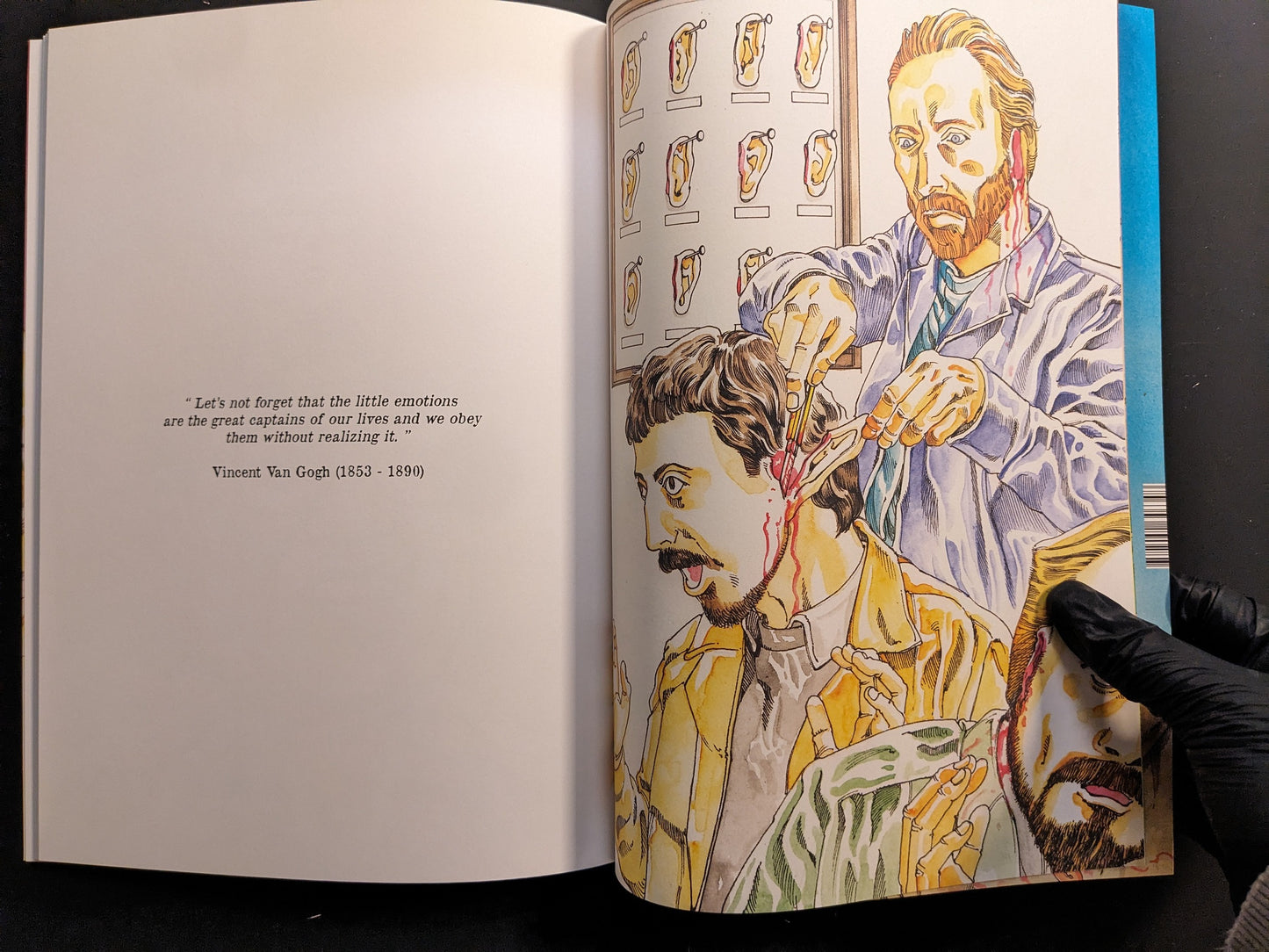 Interior spread with a Vincent van Gogh quote and a staged ear-cutting scene.