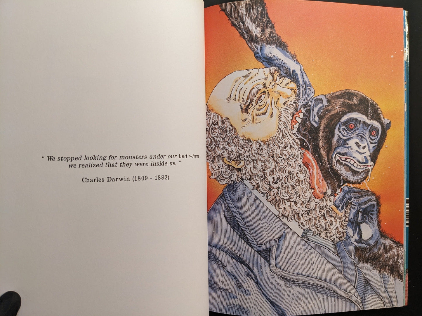 Interior spread with Charles Darwin and an ape-like counterpart opposite a quotation.