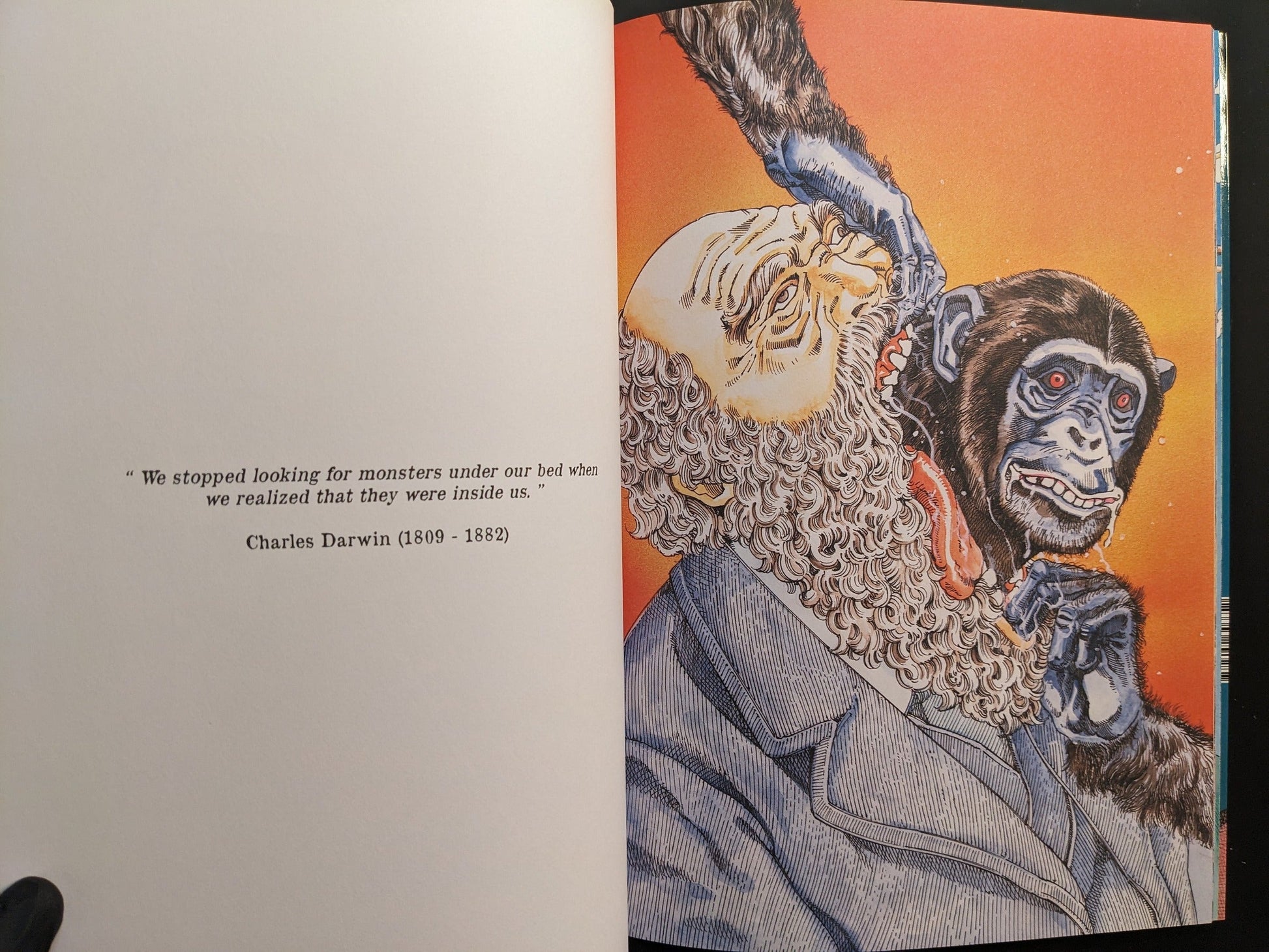 Interior spread with Charles Darwin and an ape-like counterpart opposite a quotation.