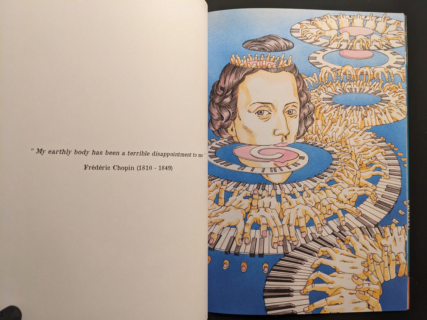 Interior spread with Frédéric Chopin, keyboards, and multiplying hands opposite a quotation.