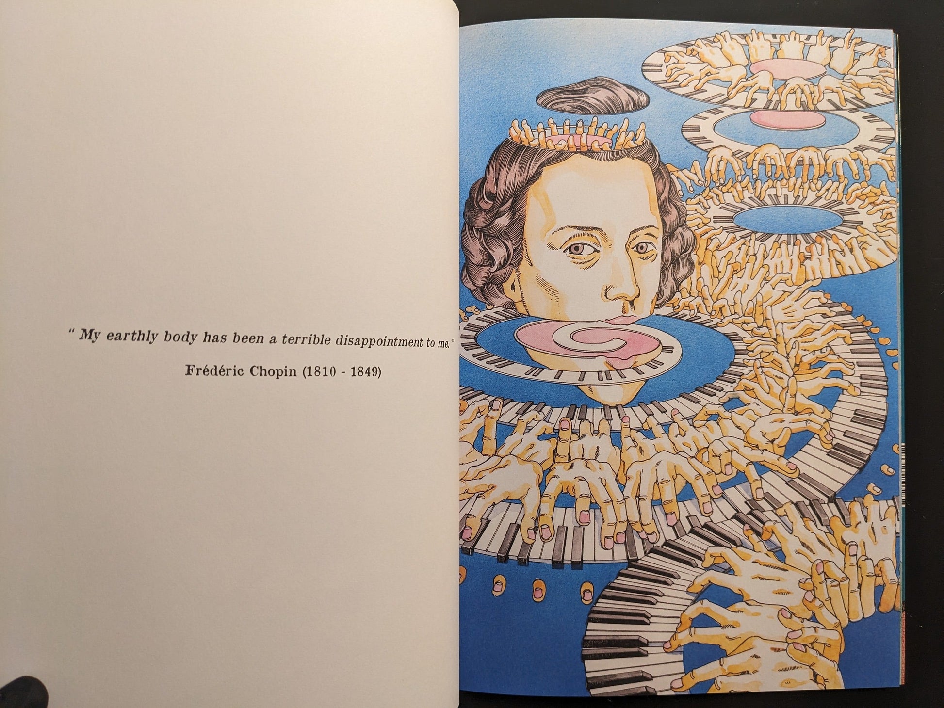 Interior spread with Frédéric Chopin, keyboards, and multiplying hands opposite a quotation.