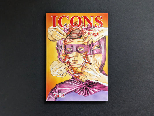 Front cover of ICONS vol.2 by Shintaro Kago, showing a masked portrait.