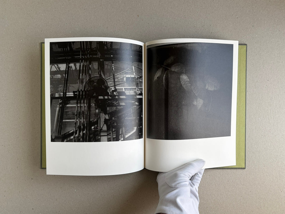 Open spread of Im Treibhaus by Takeshi Shinoda, showing two black-and-white photographs in the photobook.